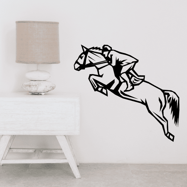 Horse racing vinyl wall decal of a black racehorse and jockey