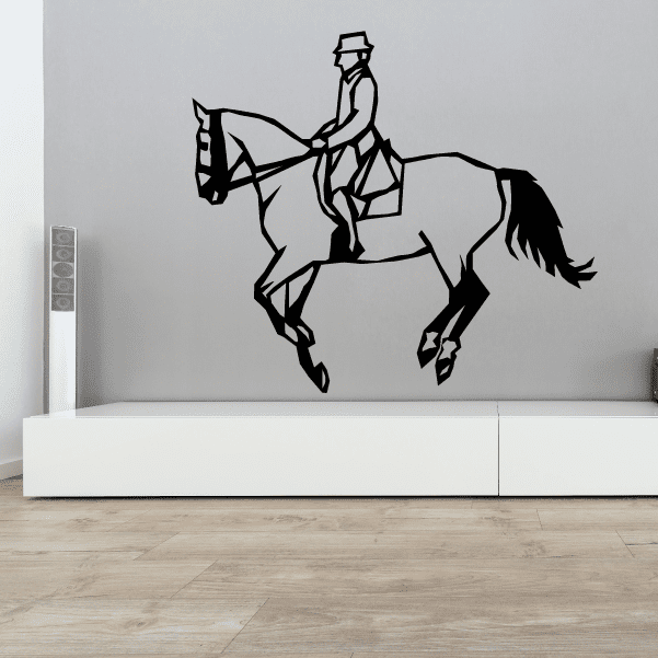 Horse racing wall decal of a jockey on a rearing horse, black and white outline