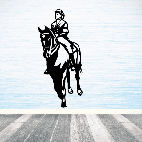 Horse racing wall decal: black jockey on racehorse vinyl silhouette