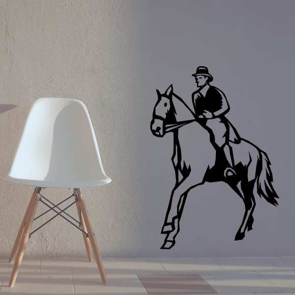 Vinyl horse racing wall decal with jockey and galloping horse, black silhouette