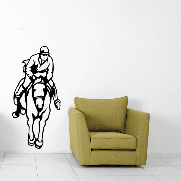 Horse racing wall decal: jockey and racehorse silhouette, black vinyl graphic