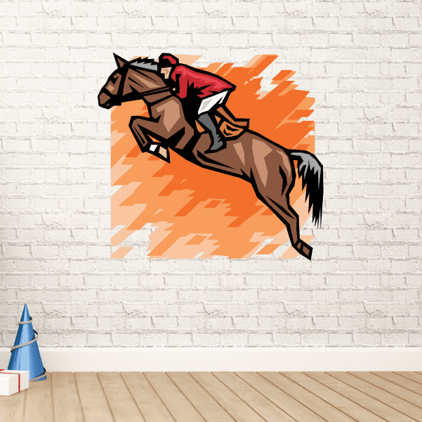 Vinyl horse racing wall decal sticker, stylized racing horse head with orange rays