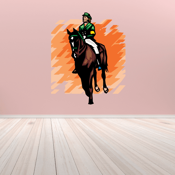 Horse racing wall decal of jockey in green hat riding black horse