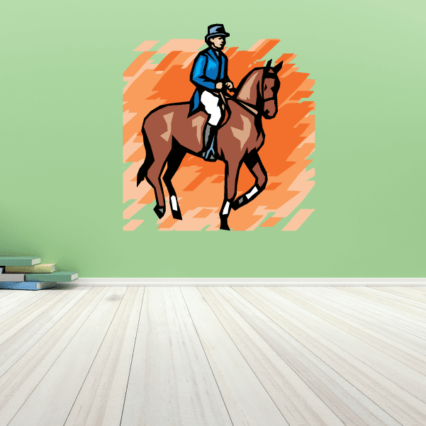 Horse racing wall decal: jockey on brown horse with orange burst behind