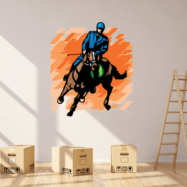 Horse racing wall decal: jockey on galloping brown horse, vinyl die-cut