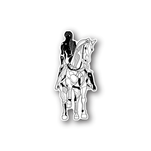Horse rider vinyl sticker with black-and-white line art