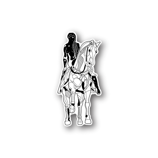 Horse rider vinyl sticker with black-and-white line art