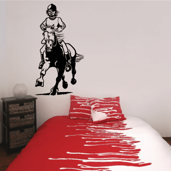 Horseback riding wall decal: black rider on horse silhouette, vinyl sticker style.