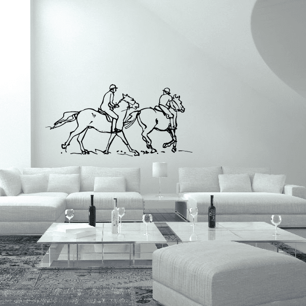 Horseback riding wall decal with line-art riders on horses, black vinyl sticker