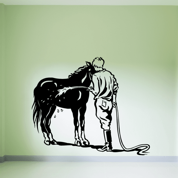 Horseback riding wall decal: black rider silhouette beside horse