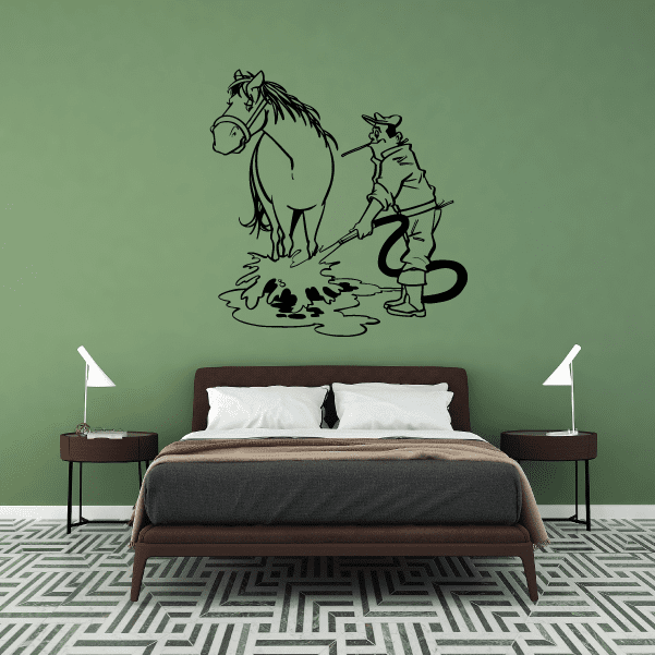 Horseback riding vinyl wall decal with mounted rider silhouette and horse outline