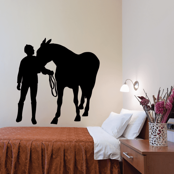 Horseback riding wall decal with black rider silhouette on horse