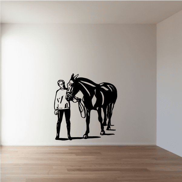 Horseback riding wall decal, black silhouette of rider with horse and reins.
