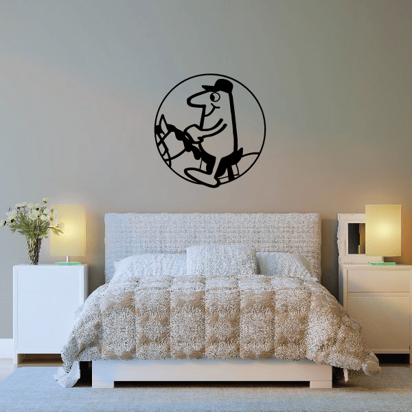 Horseback riding wall decal: black line-art rider on horse in a circle.