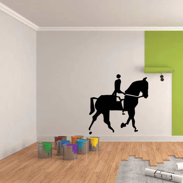 Horseback riding wall decal, black rider on horse silhouette on vinyl.