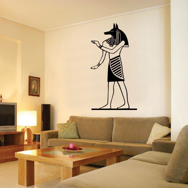 Black Egyptian wall decal of standing Anubis-like figure with headdress
