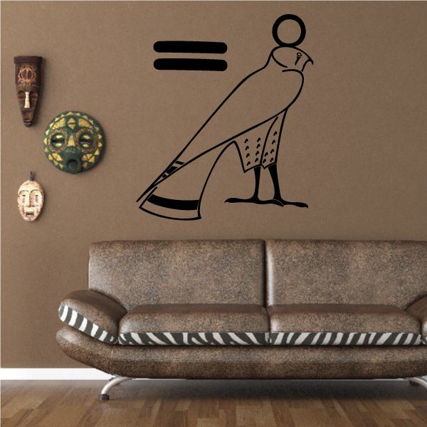 Egyptian bird-headed figure vinyl wall decal, black and white outline