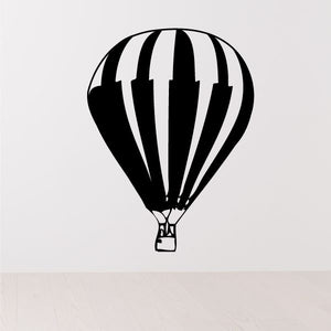 Hot air balloon basket in flight decal with black and white striped balloon