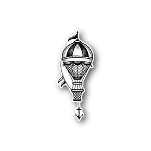 Hot air balloon vinyl sticker with basket and lantern, white and black outline