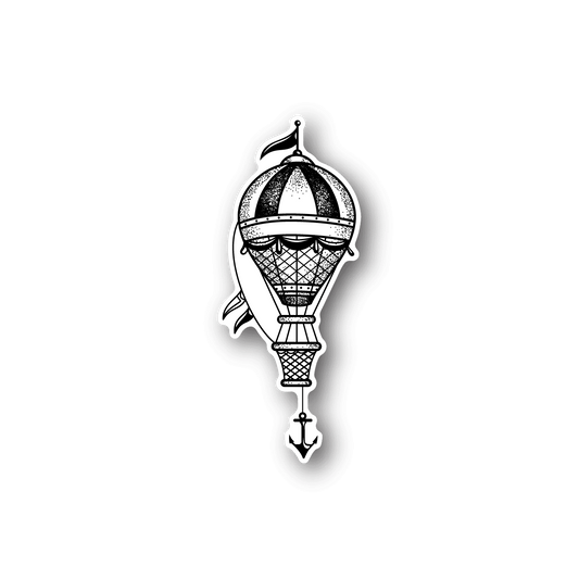 Hot air balloon vinyl sticker with basket and lantern, white and black outline