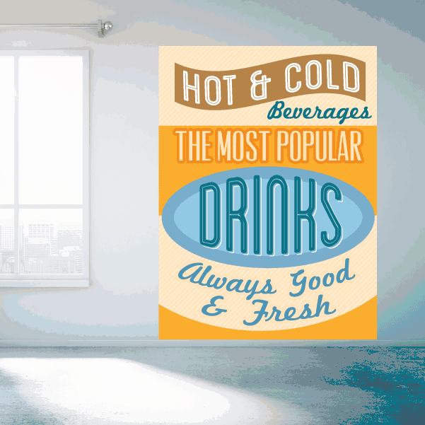 Hot & Cold beverages sticker with retro orange and blue "most popular drinks" text