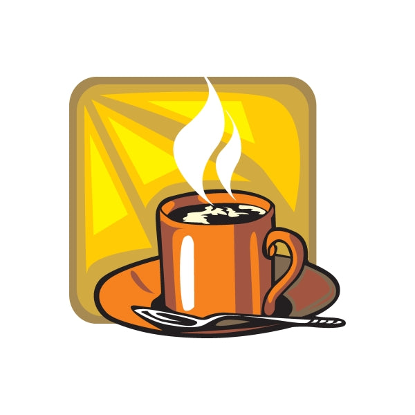 Hot coffee sticker with orange mug, black outline, and white steam above