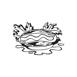 Hot dog decal sticker with black outline, flames and sauce drizzle