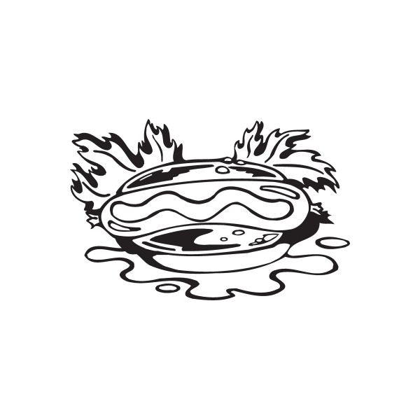 Hot dog decal sticker with black outline, flames and sauce drizzle