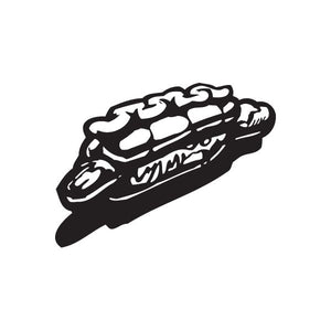 Hot dog in bun decal, bold black silhouette with white outline details