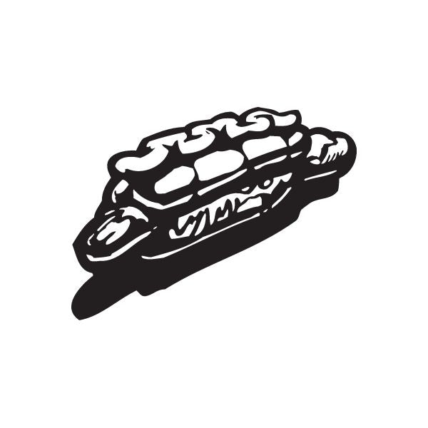 Hot dog in bun decal, bold black silhouette with white outline details