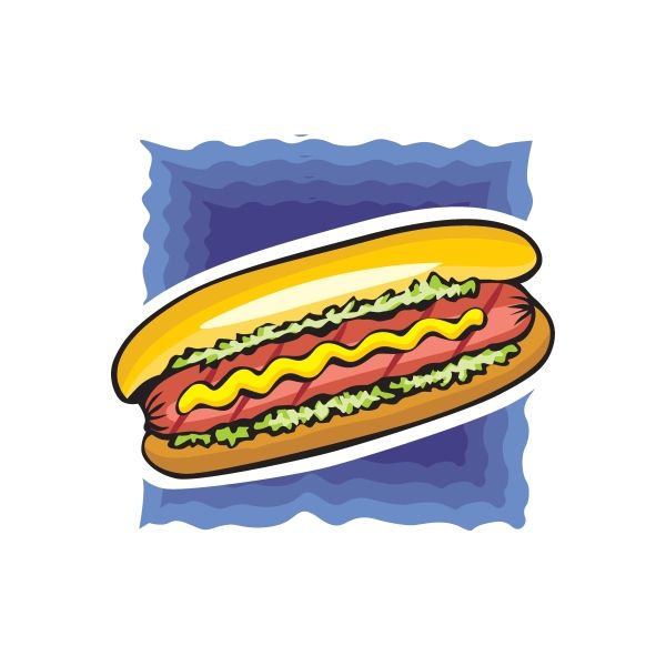 Hot dog sticker with yellow bun, red mustard, green lettuce, and brown sausage