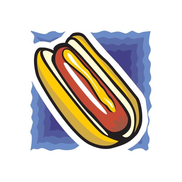 Hot dog with mustard sticker, yellow mustard stripes and red sausage illustration