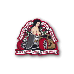 Hot rod vinyl sticker with pin-up girl, roses, and red car, bold white text