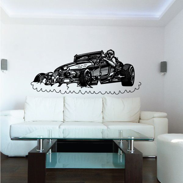 Hot rod burnout decal, black outline hot rod with driver and flame accents