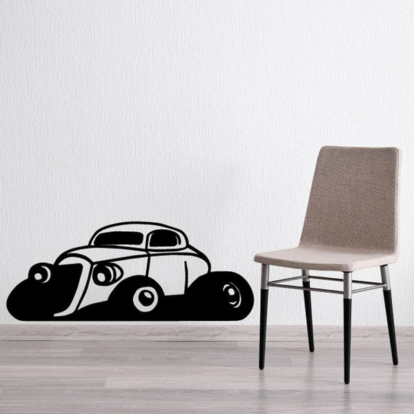 Hot rod cartoon decal of a black-and-white hot car with wheels