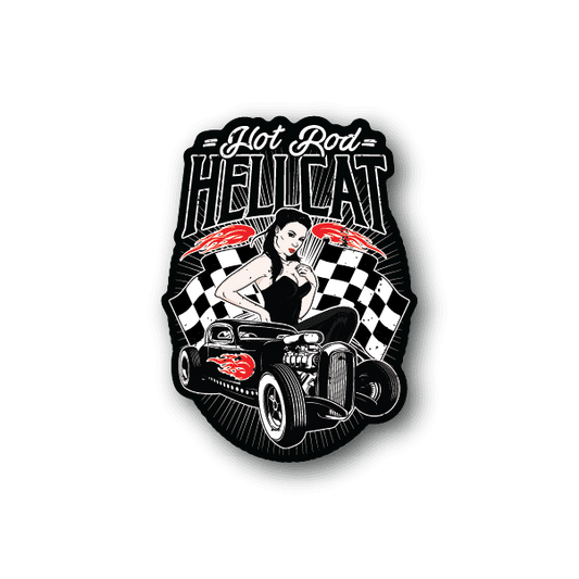 Vinyl sticker with Hot Rod Hellcat graphic, vintage car and checkered flag, red details