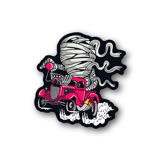 Vinyl sticker of a pink hot rod with a white mummy skeleton driver, skull head logo.