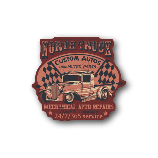 Truck vinyl sticker, red with vintage pickup and North Truck lettering