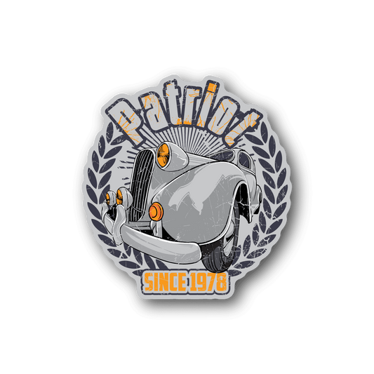 Vinyl sticker: hot rod car with laurel wreath and orange SINCE 1970 text