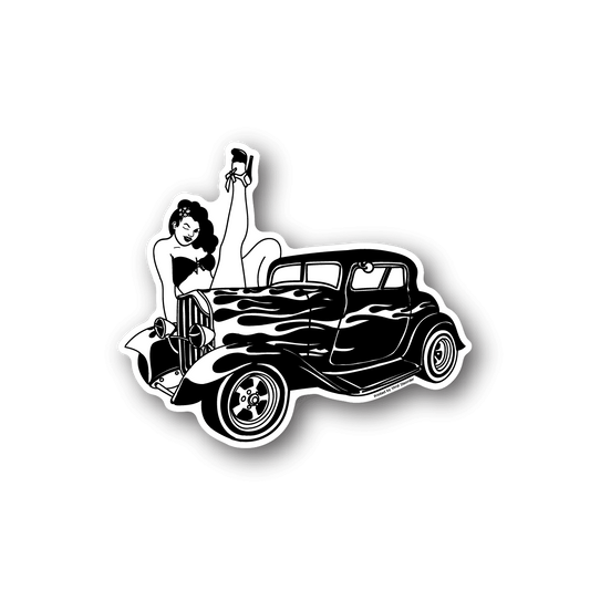 Vinyl sticker of pin-up girl and classic hot rod car, black-and-white illustration