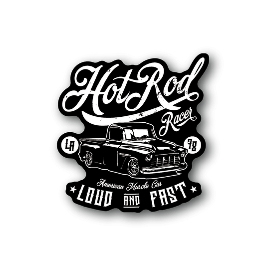 Hot Rod Racer vinyl sticker with hot-rod car, black and white logo text