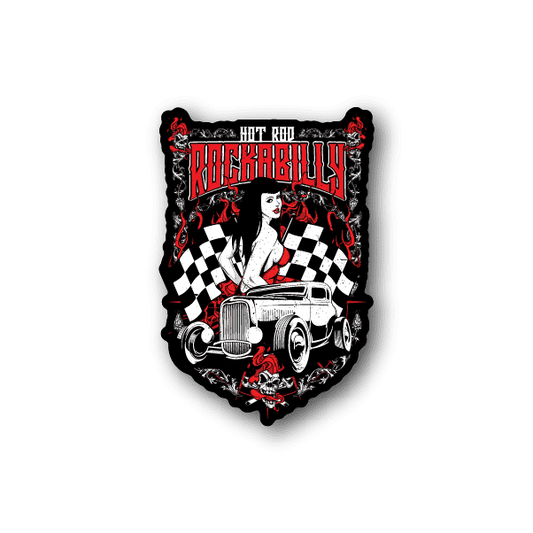 Vinyl sticker with red and black rockabilly graphic of woman beside hot rod car