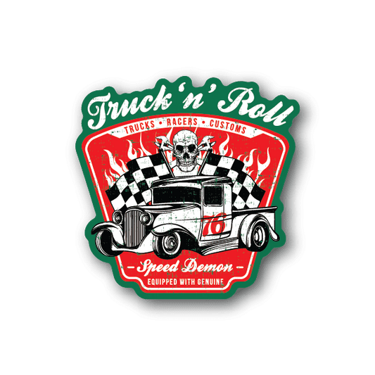 Vinyl speed demon sticker with hot rod truck, flames, skull and checkered flag