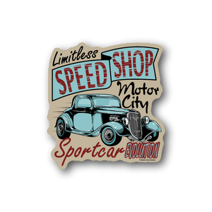Vinyl sticker with vintage blue car and red Speed Shop lettering