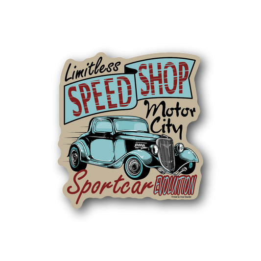 Vinyl sticker with vintage blue car and red Speed Shop lettering