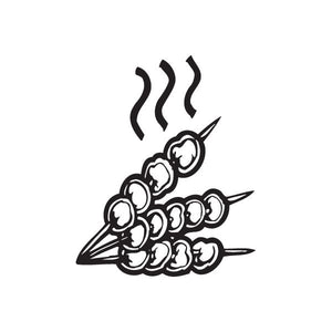 Hot skewers decal with three meatballs on skewers and curved flame lines