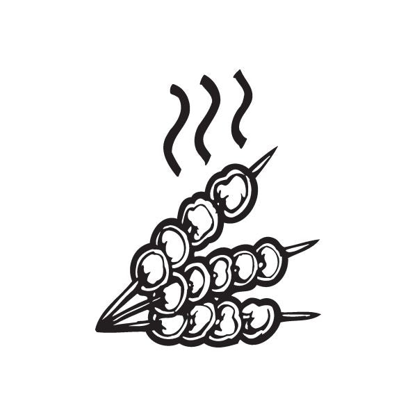 Hot skewers decal with three meatballs on skewers and curved flame lines