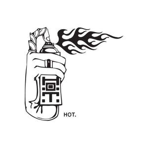 Spray paint can decal with flame graphic and “HOT” text