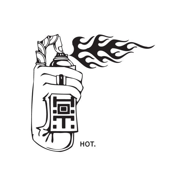 Spray paint can decal with flame graphic and “HOT” text