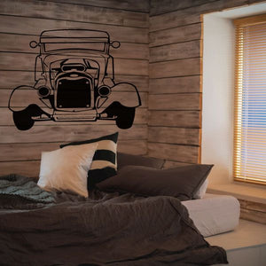 Hot rod Model T vinyl car decal, front view with grille and headlights on wall